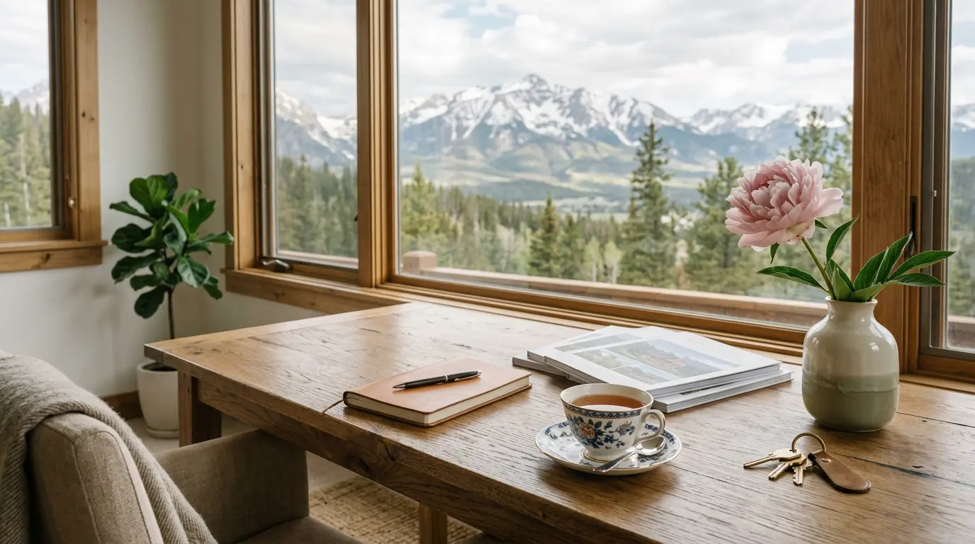 A sunny desk with a china teacup, house keys and property brochures in front of a mountain view