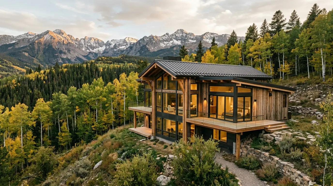 A modern timber mountain home among golden aspens with snow-capped Colorado peaks behind
