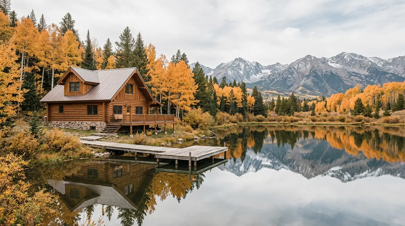 Cedar lakeside cabin with a dock among autumn aspens